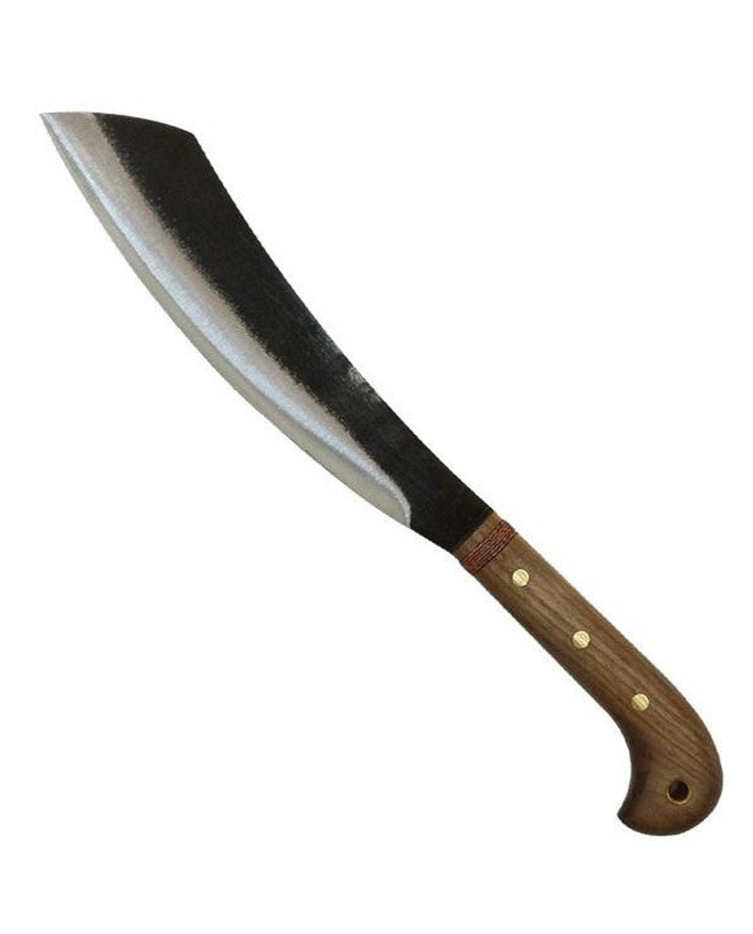Condor Tool and Knife Mini Duku Parang machete - shown out of sheath reverse.  1075 HC steel plain edge blade.  Wood handle.  Model CTK426-10.5HC.
