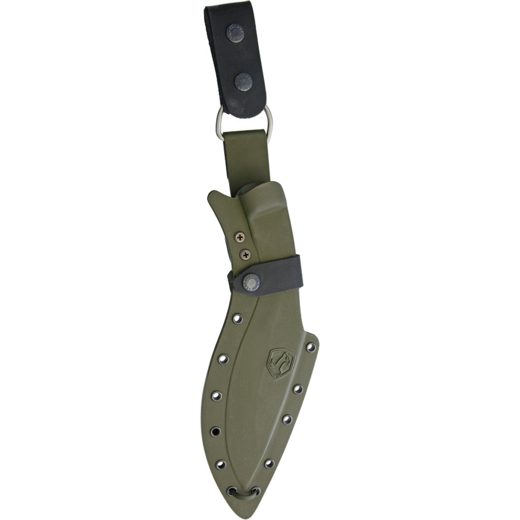 Condor Tool and Knife K-Tact Kukri fixed blade knife - shown in sheath obverse.  1075 steel plain edge blade.  Green Micarta handle.  Model CTK1812-10.
