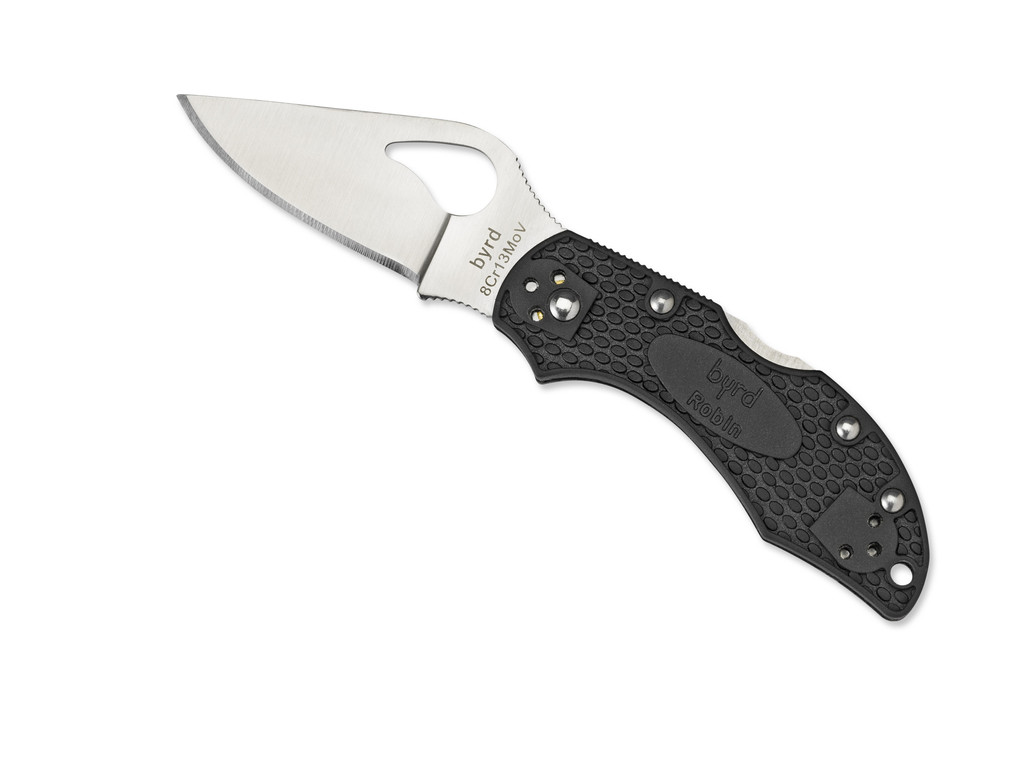 Byrd Knives Robin 2 folding knife with thumb slot - shown open presentation side.  Satin 8Cr13MoV stainless steel plain edge blade.  Black FRN handle.  Model BY10PBK2.