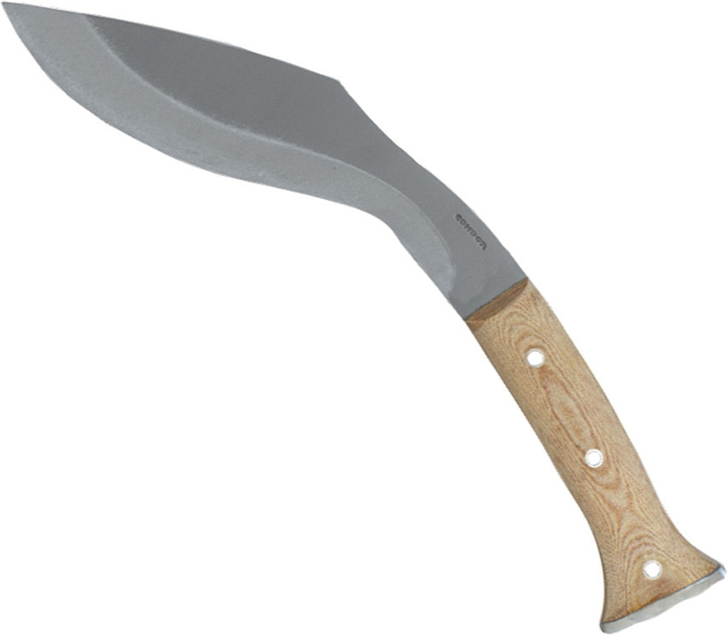 Condor Tool and Knife K-Tact Kukri fixed blade knife - shown out of sheath reverse.  1075 steel plain edge blade.  Natural Micarta handle.  Model CTK1811-10.