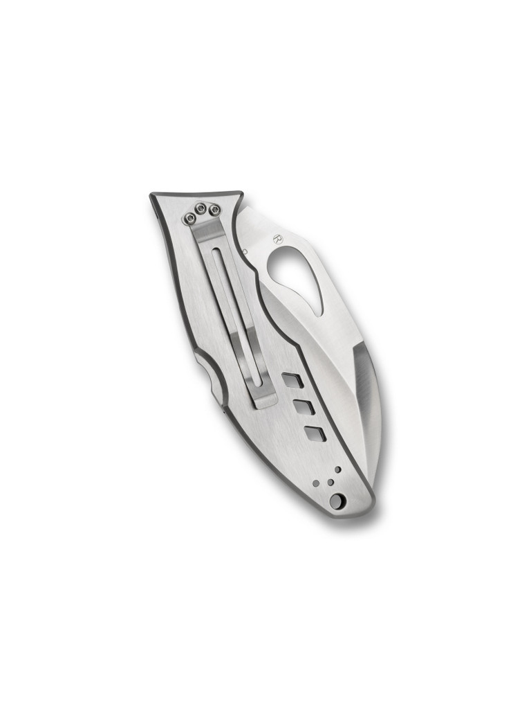 Byrd Knives Crossbill folding knife with thumb slot - shown closed pocket clip side.  Satin 8Cr13MoV stainless steel plain edge blade.  Stainless steel handle.  BY07P.