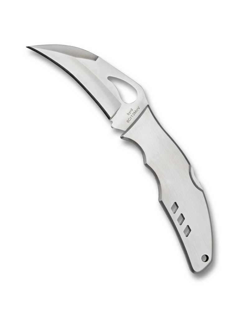 Byrd Knives Crossbill folding knife with thumb slot - shown open presentation side.  Satin 8Cr13MoV stainless steel plain edge blade.  Stainless steel handle.  BY07P.