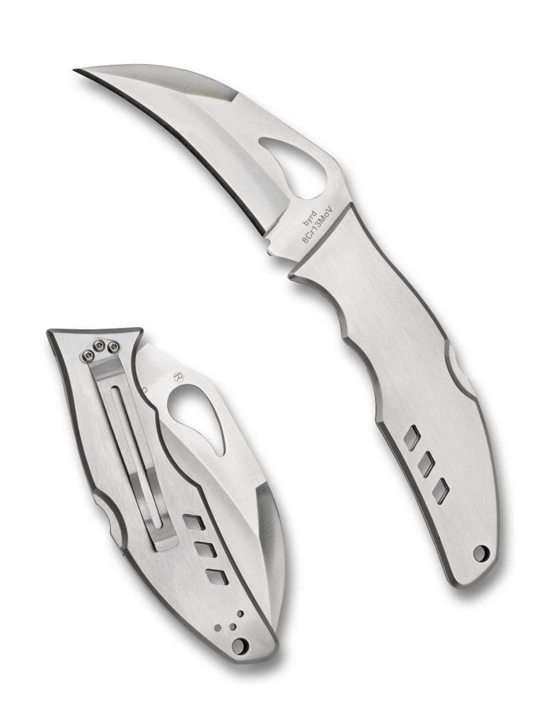 Byrd Knives Crossbill folding knife with thumb slot - shown both open presentation side and closed pocket clip side.  Satin 8Cr13MoV stainless steel plain edge blade.  Stainless steel handle.  BY07P.