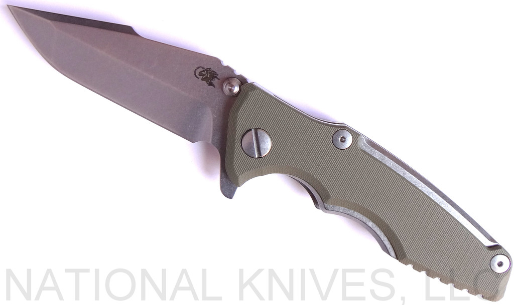 Rick Hinderer Knives Eklipse 3.0" Harpoon Spanto folding knife with thumb stud and flipper tab - shown open presentation side.  Stonewash S35VN stainless steel plain edge blade.  OD green G-10 handle with stonewash titanium.  Model K40441SGS00.
