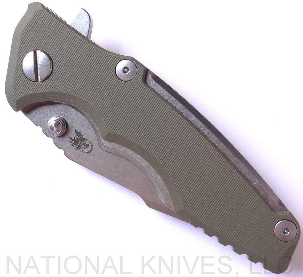 Rick Hinderer Knives Eklipse 3.0" Harpoon Spanto folding knife with thumb stud and flipper tab - shown closed presentation side.  Stonewash S35VN stainless steel plain edge blade.  OD green G-10 handle with stonewash titanium.  Model K40441SGS00.
