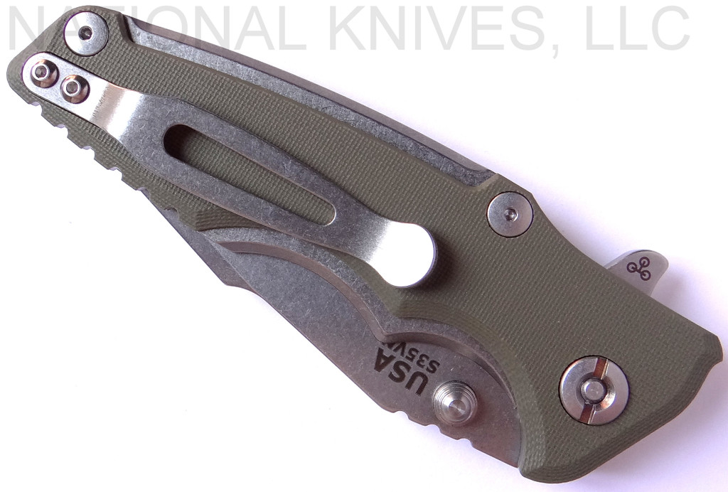 Rick Hinderer Knives Eklipse 3.0" Harpoon Spanto folding knife with thumb stud and flipper tab - shown closed pocket clip side.  Stonewash S35VN stainless steel plain edge blade.  OD green G-10 handle with stonewash titanium.  Model K40441SGS00.