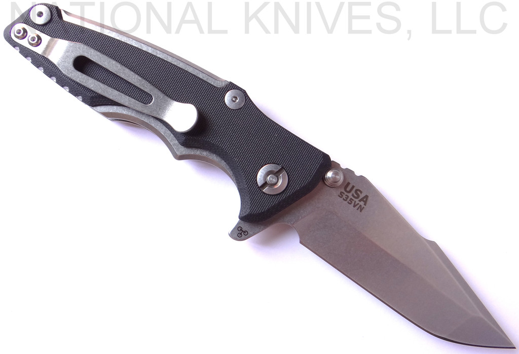 Rick Hinderer Knives Eklipse 3.0" Harpoon Spanto folding knife with thumb stud and flipper tab - shown open pocket clip side.  Stonewash S35VN stainless steel plain edge blade.  Black G-10 handle with stonewash titanium.  Model K40441SGS00.