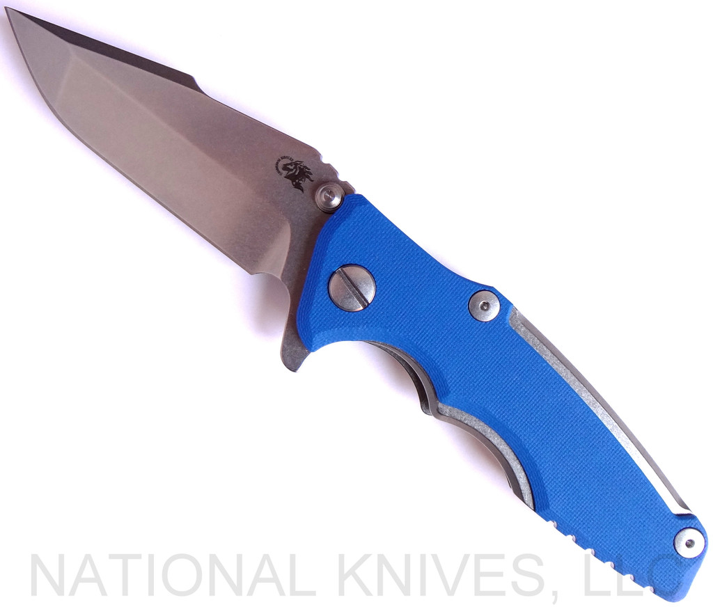 Rick Hinderer Knives Eklipse 3.0" Harpoon Spanto folding knife with thumb stud and flipper tab - shown open presentation side.  Stonewash S35VN stainless steel plain edge blade.  Blue G-10 handle with stonewash titanium.  Model K40441SGS00.