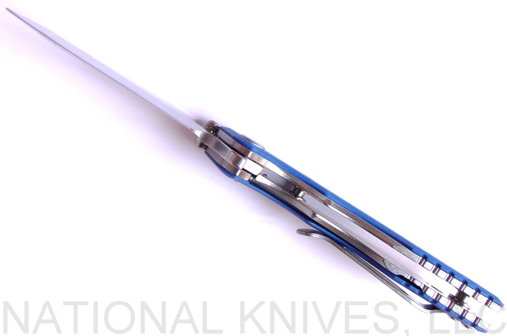Rick Hinderer Knives Eklipse 3.0" Harpoon Spanto folding knife with thumb stud and flipper tab - shown open bottom view.  Stonewash S35VN stainless steel plain edge blade.  Blue G-10 handle with stonewash titanium.  Model K40441SGS00.