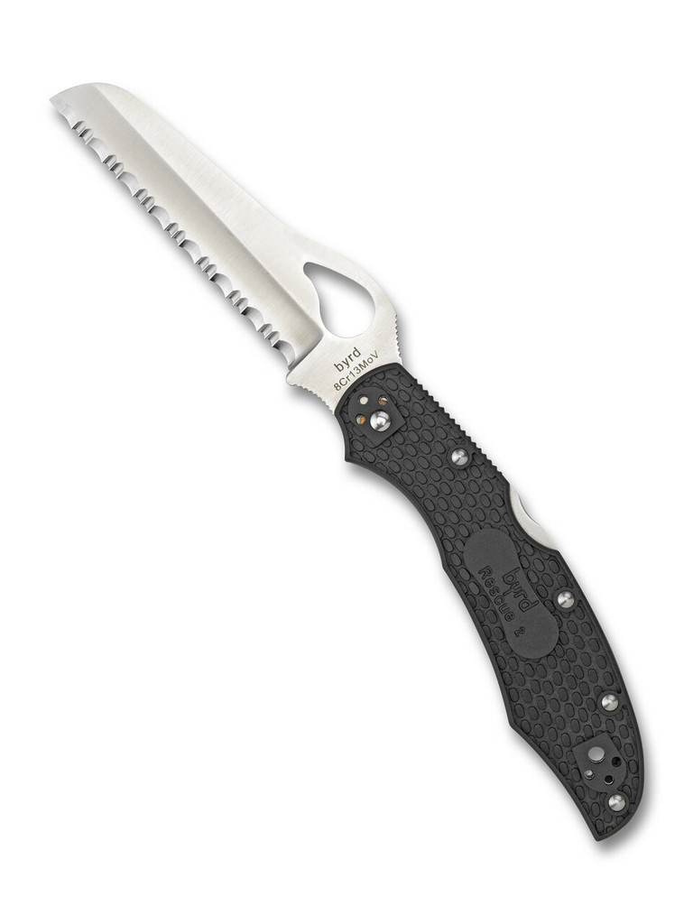 Byrd Knives Cara Cara 2 Rescue folding knife with thumb slot - shown open presentation side.  Satin 8Cr13MoV stainless steel serrated edge blade.  Black G-10 handle.  Model BY17SBK2.