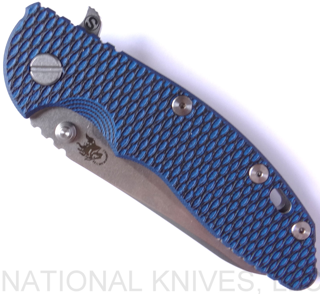 Rick Hinderer Knives XM-18 SKINNY Sheepsfoot Folding Knife, Stonewash 3.5" Plain Edge 20CV Blade, Stonewash Lockside, Blue - Black G-10 Handle - Tri-Way Pivot