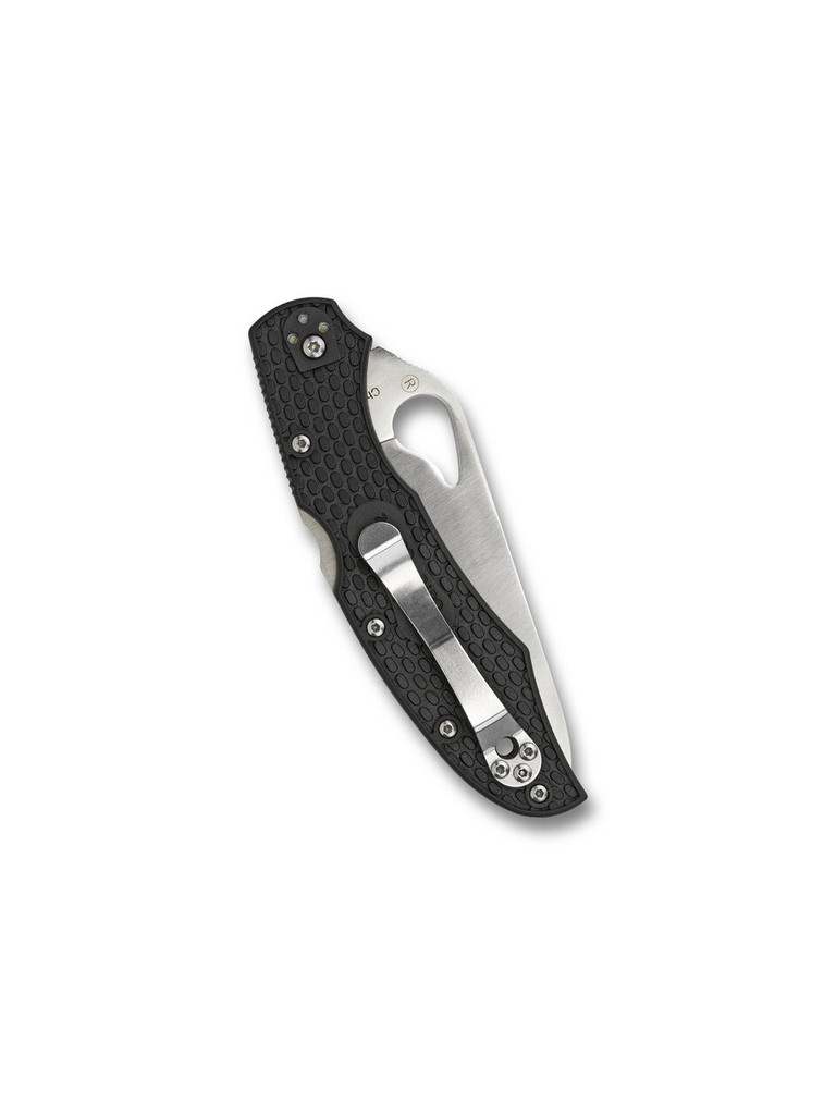 Byrd Knives Cara Cara 2 folding knife with thumb slot - shown closed pocket clip side.  Satin 8Cr13MoV stainless steel combo edge blade.  Black FRN handle.  Model BY03PSBK2.
