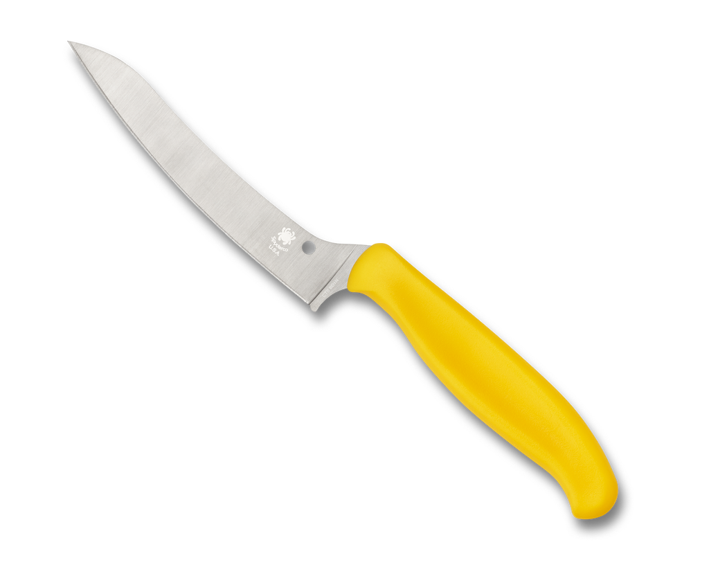 Spyderco Culinary Z-Cut kitchen knife - obverse shown.  Satin CTS-BD1N stainless steel plain edge blade.  Yellow polypropylene handle.  Model K14PYL.
For reference only.