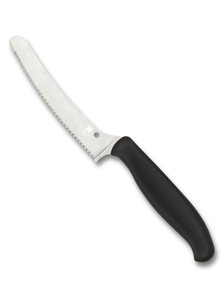 Spyderco Culinary Z-Cut Blunt Tip kitchen knife - obverse shown.  Satin CTS-BD1N stainless steel serrated edge blade.  Black polypropylene handle.  Model K13SBK.