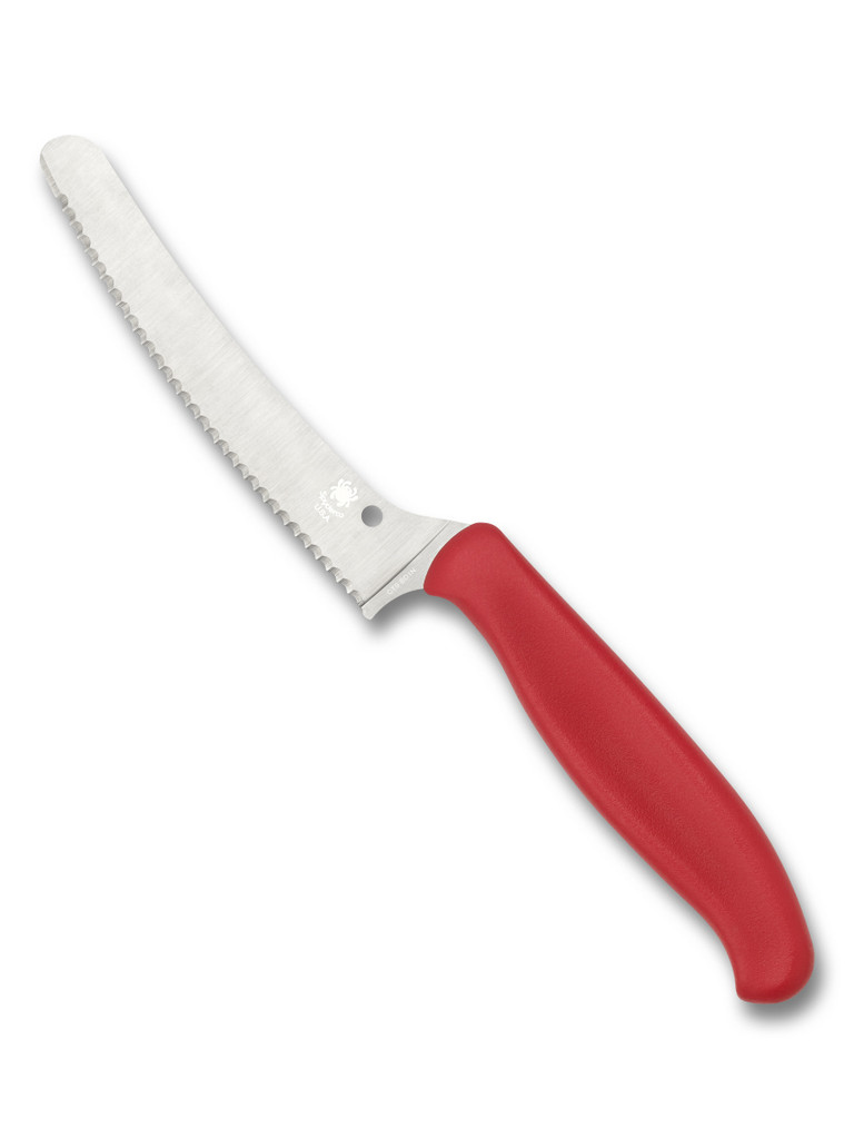 Spyderco Culinary Z-Cut Blunt Tip kitchen knife - obverse shown.  Satin CTS-BD1N stainless steel serrated edge blade.  Red polypropylene handle.  Model K13SRD.