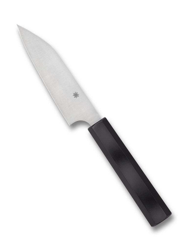 Spyderco Culinary Murray Carter Wakiita Petty kitchen knife - obverse shown.  Satin CTS-BD1N stainless steel plain edge blade.  Black G-10 handle.  Model K15GP.
