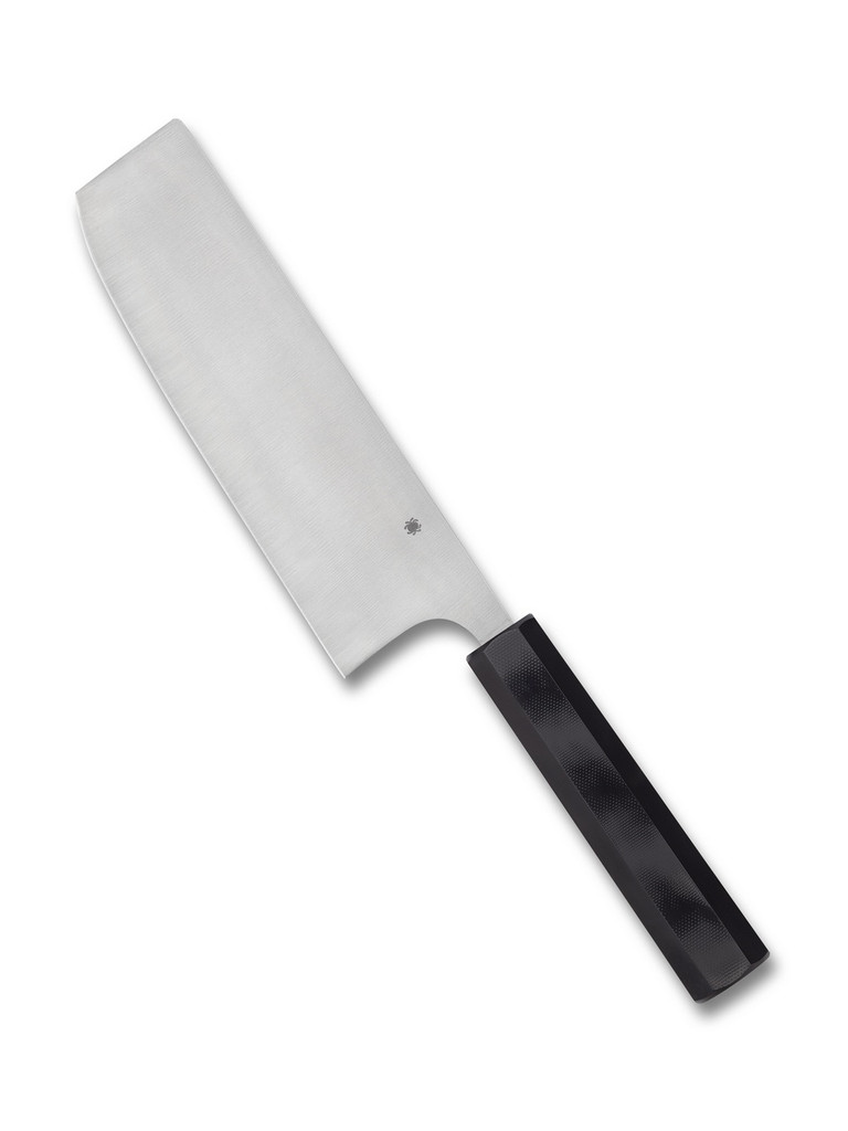 Spyderco Culinary Murray Carter Wakiita Nakiri kitchen knife - obverse shown.  Satin CTS-BD1N stainless steel plain edge blade.  Black G-10 handle.  Model K17GP.