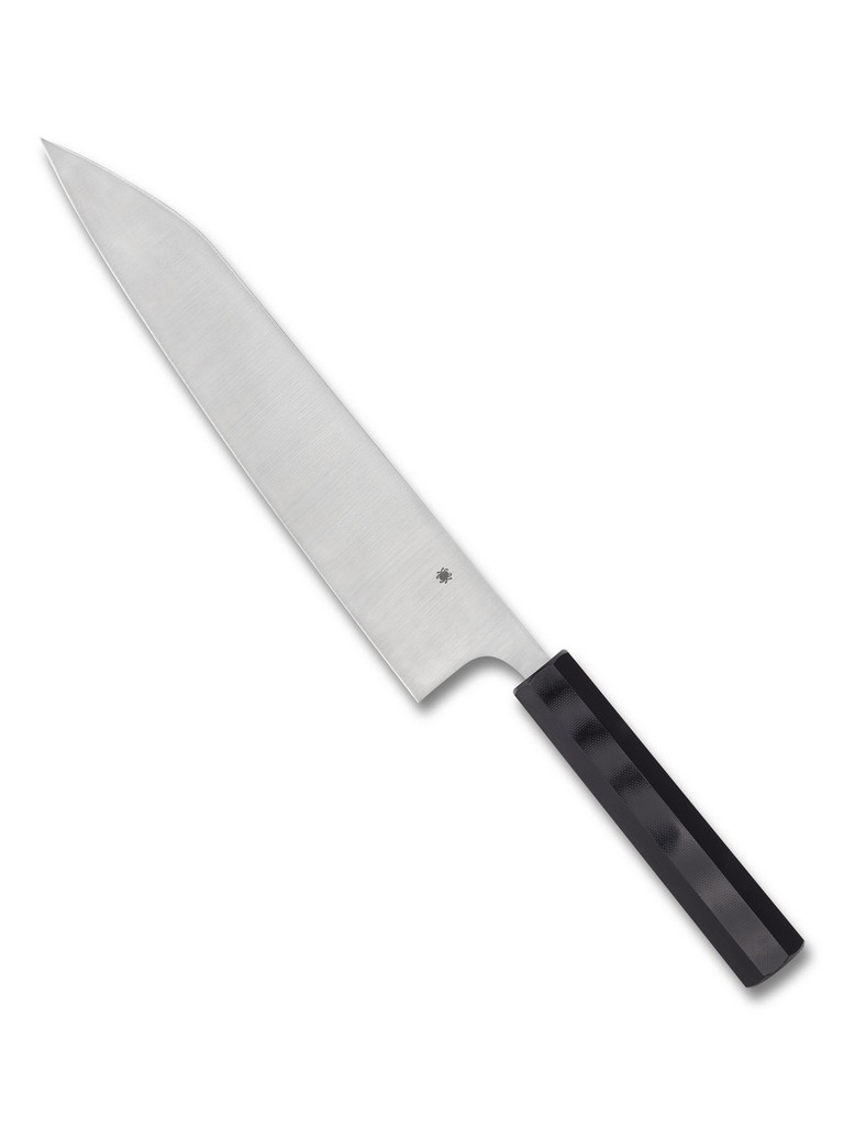 Spyderco Culinary Murray Carter Wakiita Gyuto kitchen knife - obverse shown.  Satin CTS-BD1N stainless steel plain edge blade.  Black G-10 handle.  Model K19GP.
