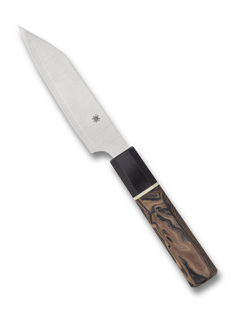 Spyderco Culinary Murray Carter Itamae Petty kitchen knife - obverse shown.  Satin Super Blue and SUS 410 laminate steel plain edge blade.  Black and brown burl G-10 handle.  Model K15GPBNBK.