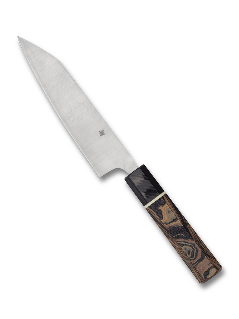 Spyderco Culinary Murray Carter Itamae Funayuki kitchen knife - obverse shown.  Satin Super Blue and SUS 410 laminate steel plain edge blade.  Black and brown burl G-10 handle.  Model K16GPBNBK.