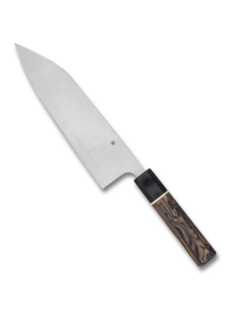 Spyderco Culinary Murray Carter Itamae Bunka Bocho kitchen knife - obverse shown.  Satin Super Blue and SUS 410 laminate steel plain edge blade.  Black and brown burl G-10 handle.  Model K18GPBNBK.
For reference only.
