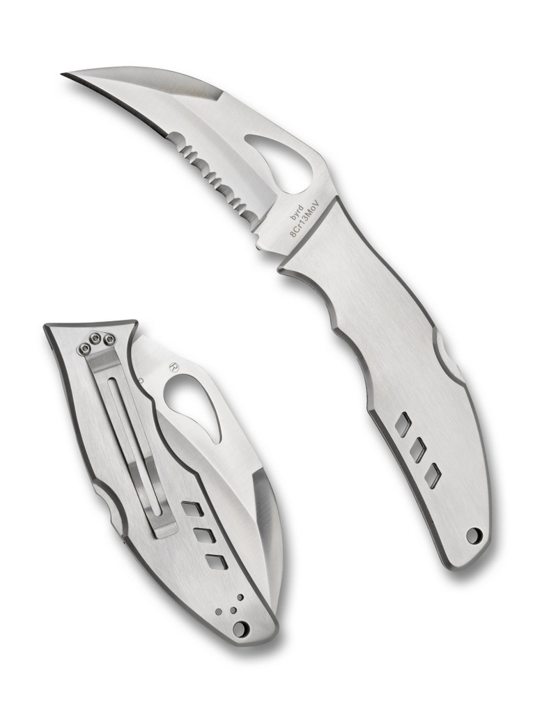 Byrd Knives Crossbill folding knife with thumb slot - shown both open presentation side and closed pocket clip side.  Satin 8Cr13MoV stainless steel combo edge blade.  Stainless steel handle.  BY07PS.