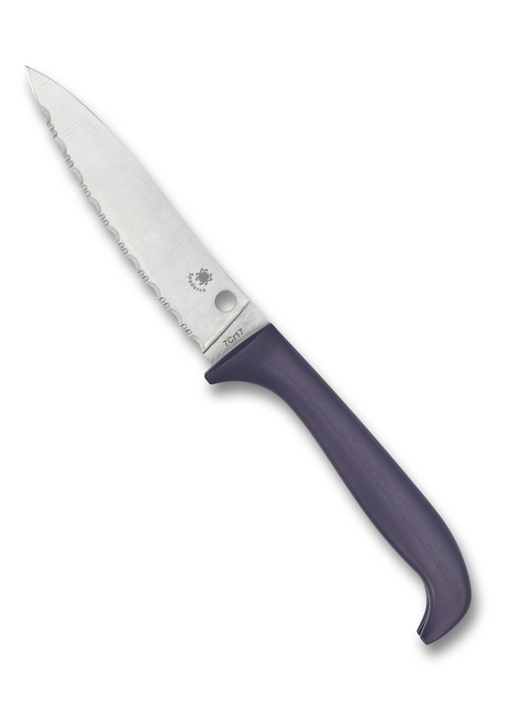 Spyderco Culinary Counter Puppy kitchen knife - presentation side shown.  Satin 7Cr17 stainless steel serrated edge blade.  Purple polypropylene handle.  Model K20SPR.