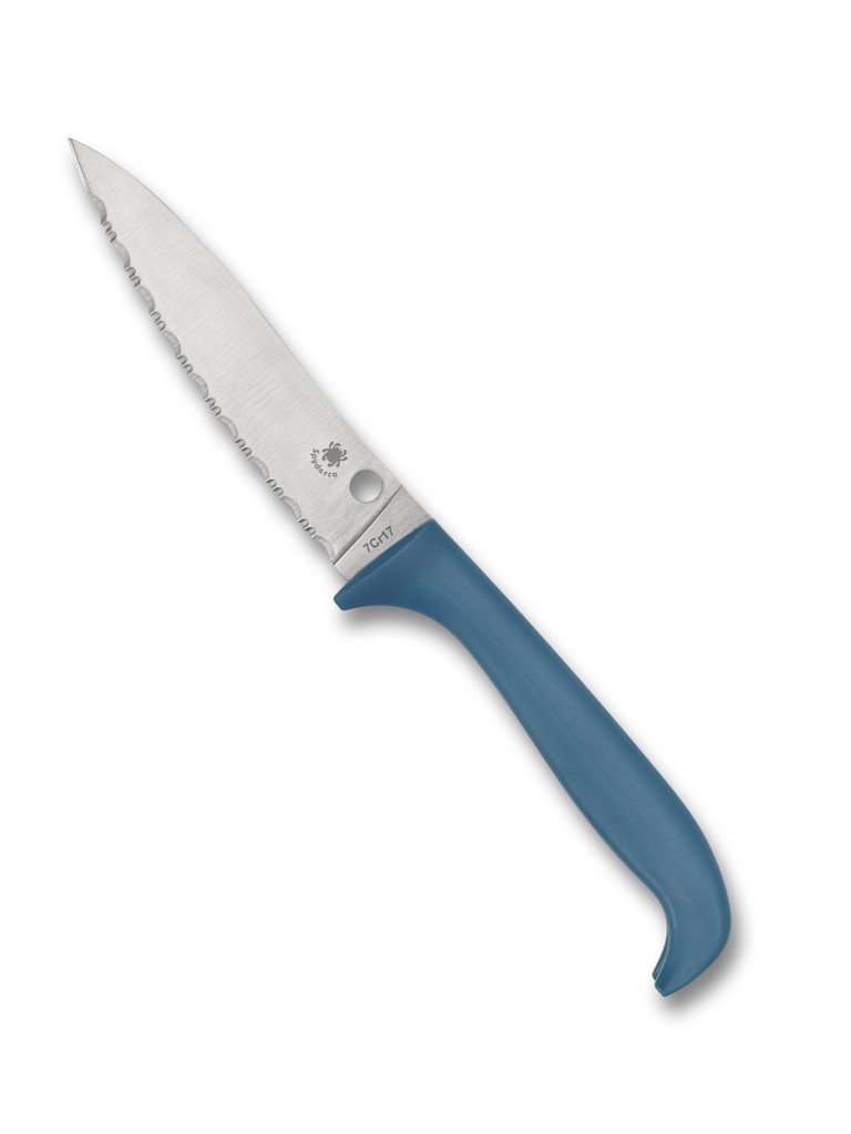 Spyderco Culinary Counter Puppy kitchen knife - presentation side shown.  Satin 7Cr17 stainless steel serrated edge blade.  Blue polypropylene handle.  Model K20SBL.