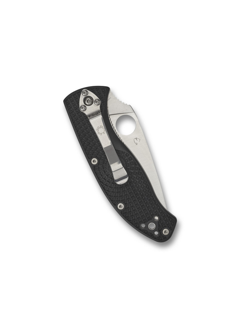 Spyderco Tenacious folding knife with thumb hole - shown closed pocket clip side.  Satin 8Cr13MoV stainless steel plain edge blade.  Black FRN handle.  Model C122PBK.