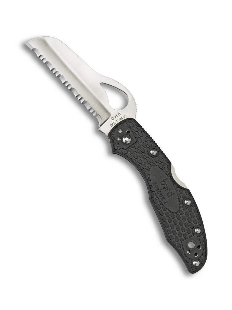 Byrd Knives Meadowlark 2 Rescue folding knife with thumb slot - shown open presentation side.  Satin 8Cr13MoV stainless steel serrated edge blade.  Black G-10 handle.  Model BY19SBK2.