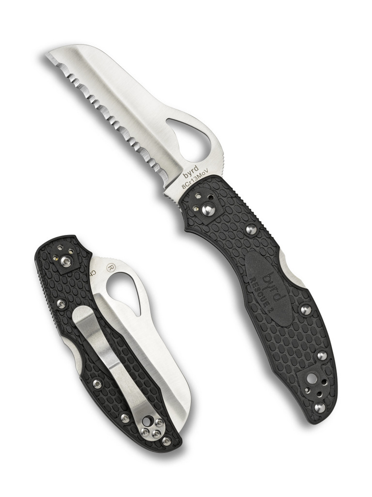 Byrd Knives Meadowlark 2 Rescue folding knife with thumb slot - shown both open presentation side and closed pocket clip side.  Satin 8Cr13MoV stainless steel serrated edge blade.  Black G-10 handle.  Model BY19SBK2.
