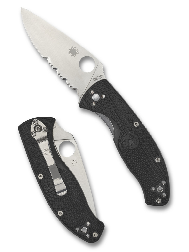 Spyderco Tenacious folding knife with thumb hole - shown open presentation side and closed pocket clip side.  Satin 8Cr13MoV stainless steel combo edge blade.  Black FRN handle.  Model C122PSBK.