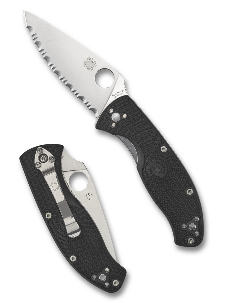 Spyderco Tenacious folding knife with thumb hole - shown open presentation side and closed pocket clip side.  Satin 8Cr13MoV stainless steel serrated edge blade.  Black FRN handle.  Model C122SBK.