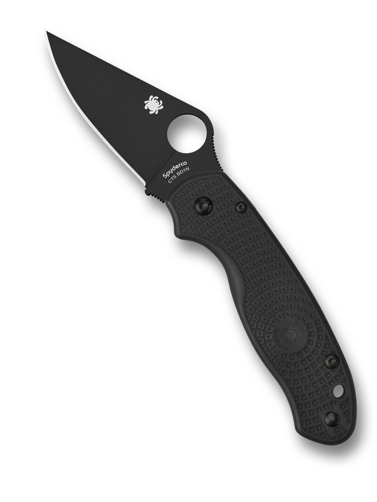 Spyderco Para 3 folding knife with thumb hole - shown open presentation side.  Black CTS-BD1N stainless steel plain edge blade.  Black FRN handle.  Model C223PBBK.