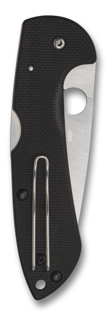 Spyderco Siren folding knife with thumb hole - shown closed pocket clip side.  Satin LC200N stainless steel plain edge blade.  Black G-10 handle.  Model C247GP.
For reference only.
