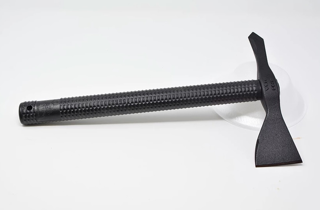 American Tomahawk Company Model 1 - shown out of scabbard.  Black 1060 steel head.  Black nylon handle.  Model ATC-NYLON1.