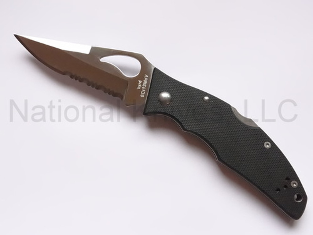 Byrd Knives Flight folding knife with thumb slot - shown open presentation side.  Satin 8Cr13MoV stainless steel combo edge blade.  Black G-10 handle.  Model BY05GPS.  
For reference only.
