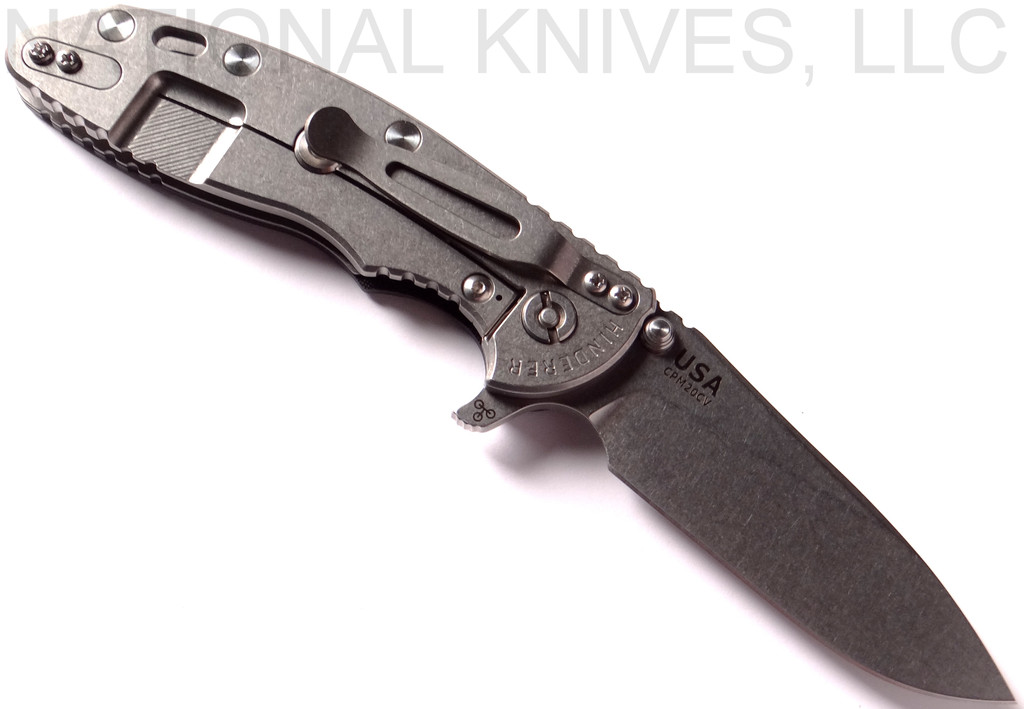 Rick Hinderer Knives XM-18 Slicer Folding Knife, Stonewash 3.5" Plain Edge 20CV Blade, Stonewash Lockside, Black G-10 Handle - Tri-Way Pivot