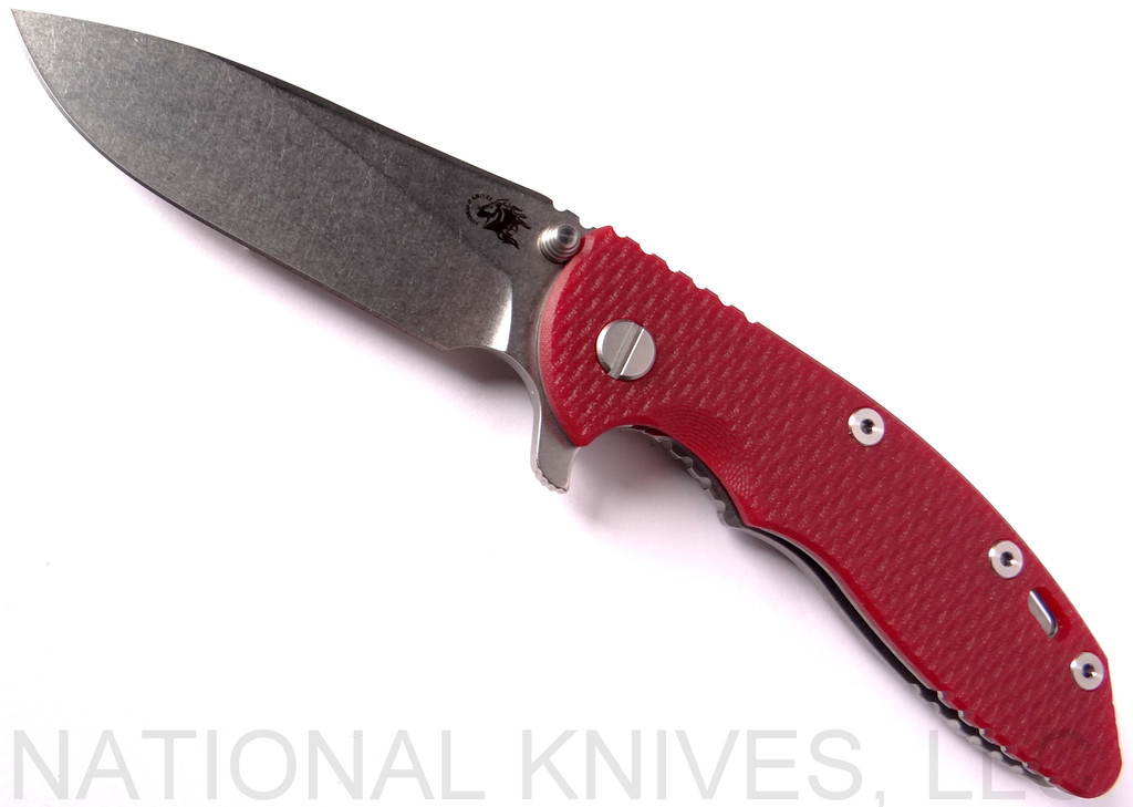 Rick Hinderer Knives XM-18 3.5" Slicer folding knife with thumb stud and flipper tab - shown open presentation side.  Stonewash 20CV stainless steel plain edge blade.  Red G-10 handle with stonewash titanium lock side.  Model K2012SGS00.