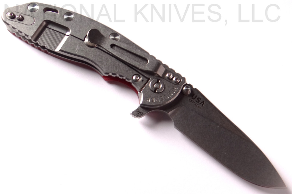 Rick Hinderer Knives XM-18 3.5" Slicer folding knife with thumb stud and flipper tab - shown open lock side.  Stonewash 20CV stainless steel plain edge blade.  Red G-10 handle with stonewash titanium lock side.  Model K2012SGS00.