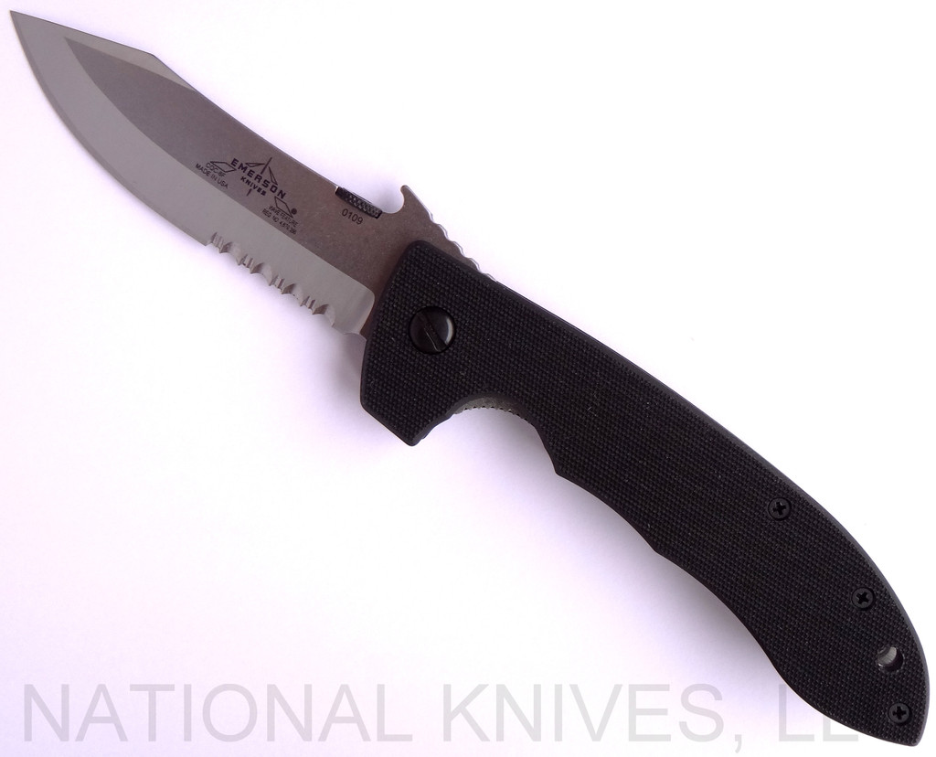 Emerson Knives CQC-8 SFS folding knife with thumb disk, flipper tab, and Emerson Wave opener - shown open presentation side.  Satin 154CM stainless steel combo edge blade.  Black G-10 handle.  Model CQC-8-F-SFS.