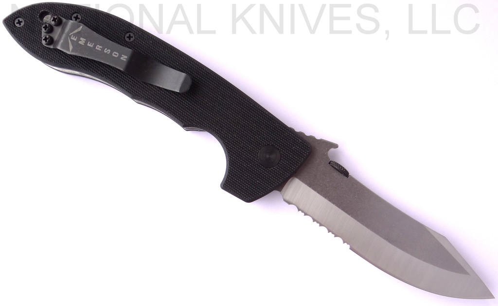 Emerson Knives CQC-8 SFS folding knife with thumb disk, flipper tab, and Emerson Wave opener - shown open pocket clip side.  Satin 154CM stainless steel combo edge blade.  Black G-10 handle.  Model CQC-8-F-SFS.
