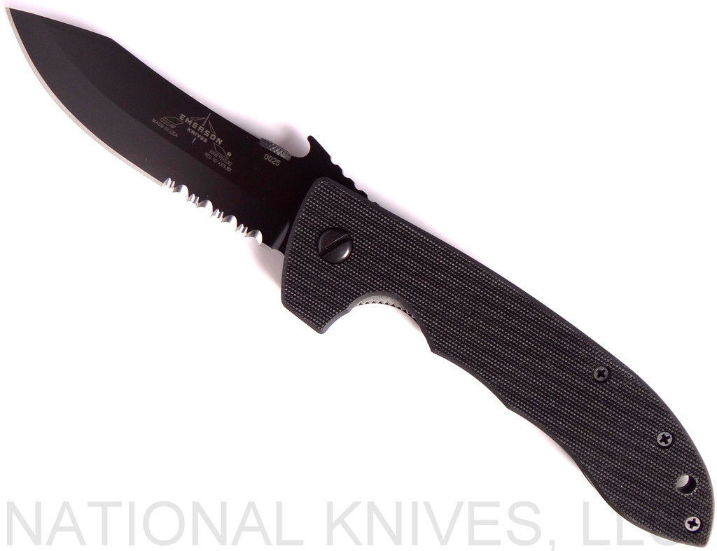 Emerson Knives CQC-8 BTS folding knife with thumb disk, flipper tab, and Emerson Wave opener - shown open presentation side.  Black 154CM stainless steel combo edge blade.  Black G-10 handle.  Model CQC-8-F-BTS.