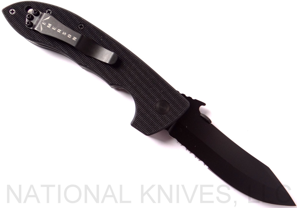 Emerson Knives CQC-8 BTS folding knife with thumb disk, flipper tab, and Emerson Wave opener - shown open pocket clip side.  Black 154CM stainless steel combo edge blade.  Black G-10 handle.  Model CQC-8-F-BTS.