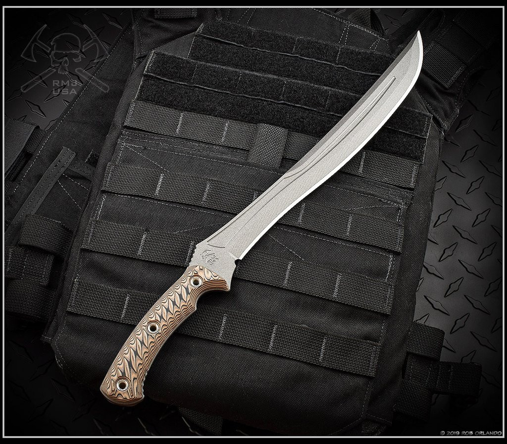 RMJ Tactical Drake Fixed Blade Knife, 11.25" Plain Edge CPM-3V Blade, Hyena Brown G-10, Kydex Sheath