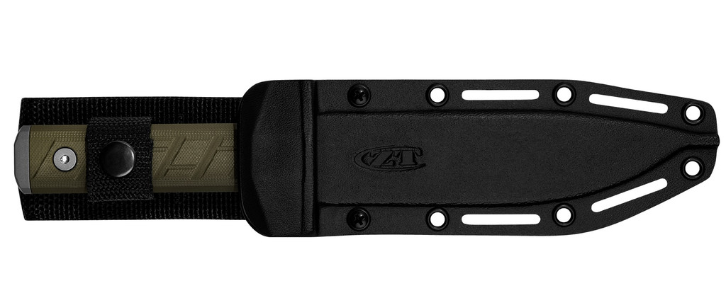 Zero Tolerance 006 fixed blade knife in sheath - obverse side.  Clear Cerakote 6" 3V steel plain edge blade.  Olive drab green G-10 handle.  Model 006.