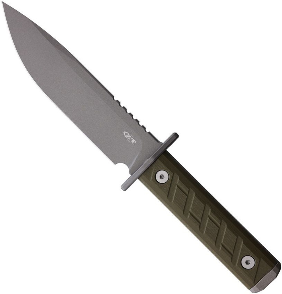 Zero Tolerance 006 fixed blade knife out of sheath - logo side.  Clear Cerakote 6" 3V steel plain edge blade.  Olive drab green G-10 handle.  Model 006.