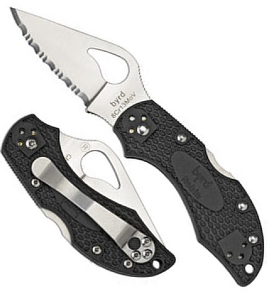 Byrd Knives Robin 2 folding knife with thumb slot - shown both open presentation side and closed pocket clip side.  Satin 8Cr13MoV stainless steel serrated edge blade.  Black FRN handle.  Model BY10SBK2.
For reference only.