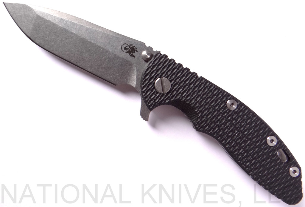 Rick Hinderer Knives XM-18 Spanto Folding Knife, Stonewash 3.5" Plain Edge 20CV Blade, Stonewash Lockside, Black G-10 Handle - Tri-Way Pivot