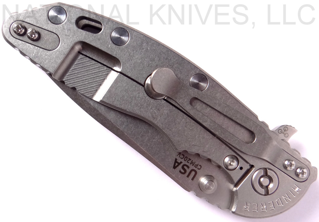 Rick Hinderer Knives XM-18 3.5" Spanto folding knife with thumb stud and flipper tab - shown closed lock side.  Stonewash 20CV stainless steel plain edge blade.  Black G-10 handle with stonewash lock side.  Model K2002SGS00.